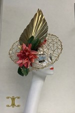 Ascot Kentucky Derby Gold Mesh Pink Floral Pearl Design Large Leaf Fascinator