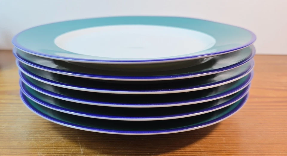 Pier 1 Two-Tone 92024 Dinner Plates Set of 6 Teal Green Blue Rim White Center - Image 2 of 4