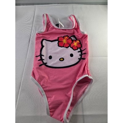 Hello Kitty Girls One Piece Swimsuit Pink White NWT Size L 10-12 Sanrio
