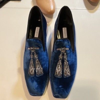Fratelli Rossetti Blue Velvet Crystal Tassel Men Loafer Square Toe EU40.5