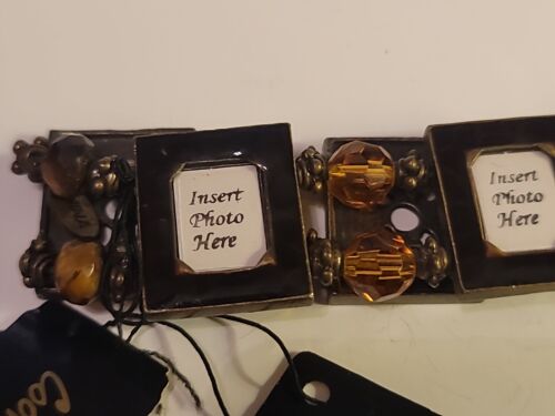 NWT Cookie Lee Antique Brass Black Enamel Amber Beads Picture Frame Bracelet - Picture 2 of 12