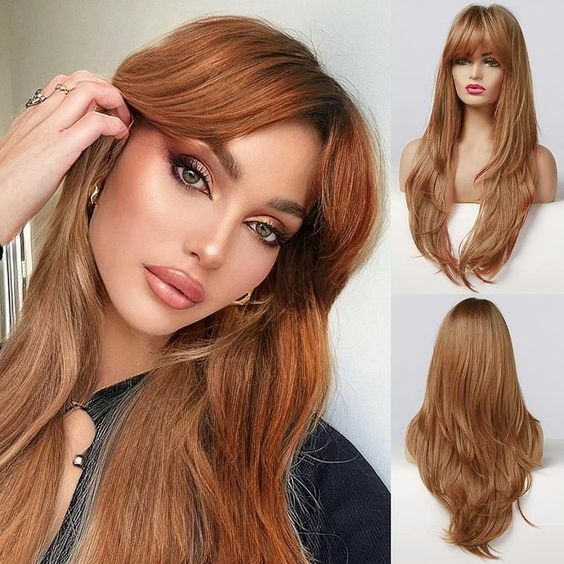 Long Straight Synthetic Heat Safe Wigs with Bangs Brown Wig  display picture 1