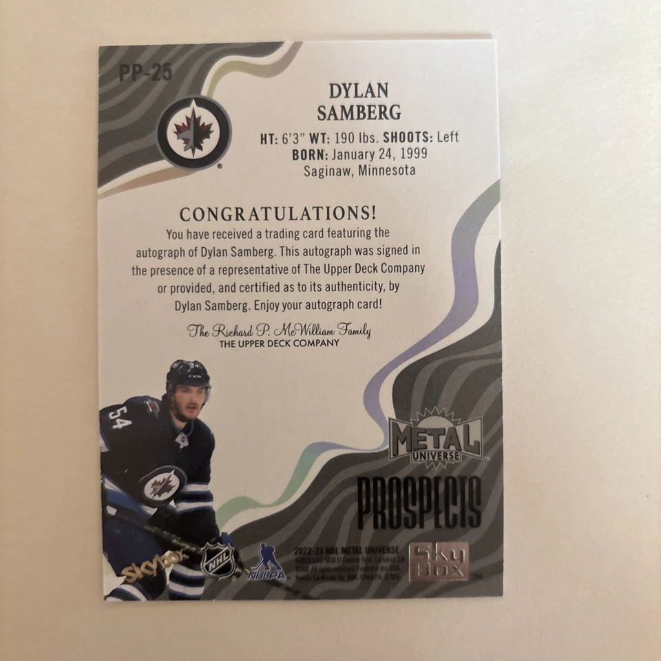 2022-23 Skybox Metal Universe Dylan Samberg RC #PP-25 Blue Auto Jets - Image 2 of 2