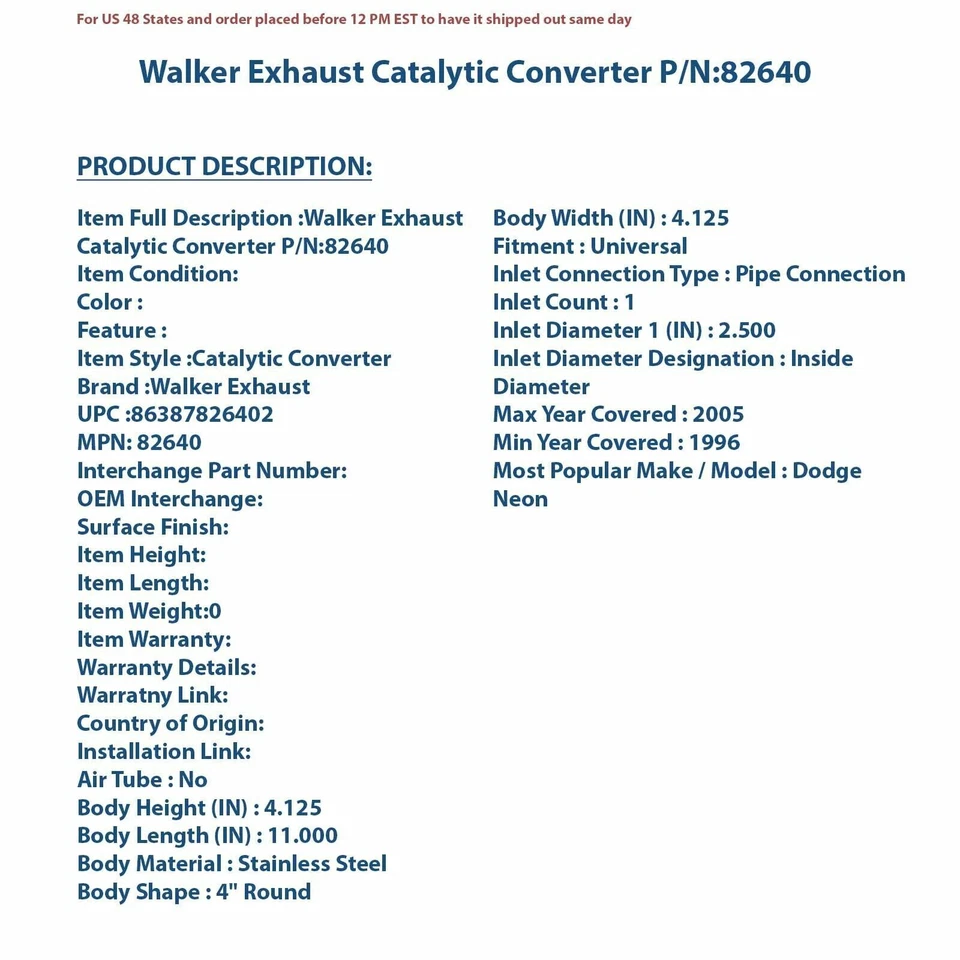 Convertidor Catalítico Escape Walker 82640 | Auto Pieza Alta Calidad, Ajuste Universal Foto 4 de 4