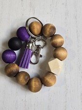 Handmade Wooden Beaded Keychain Wristlet With Tassel Wood Purple Black