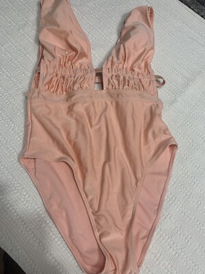 Stylish Women s Peach One Piece Deep V Open Sided Bathing Suit Size Med Padded L