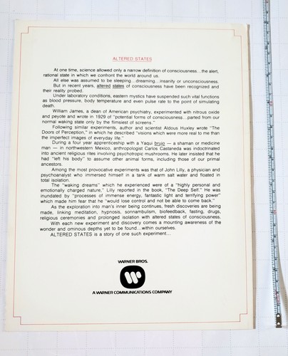VINTAGE 1980 ALTERED STATES PRESS SCREENING MOVIE PROGRAM SCI FI FILM PROMO - Picture 3 of 3