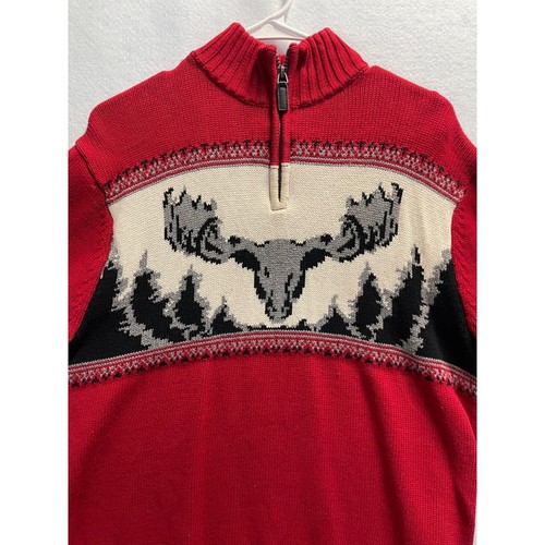 Chaps Men's 1/4 Zip Cotton Knit Cardigan Long Sleeve Moose Head Sweater Size L - Picture 2 of 13