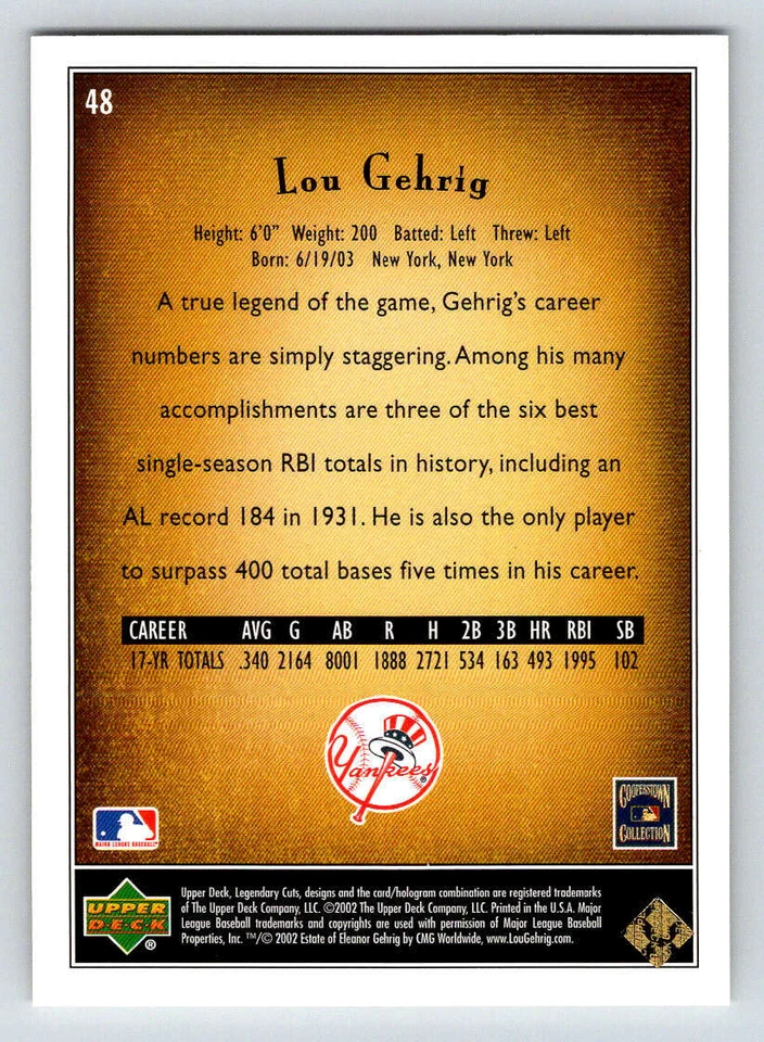 2002 SP Legendary Cuts #48 Lou Gehrig (ref 198736) - Image 2 of 2