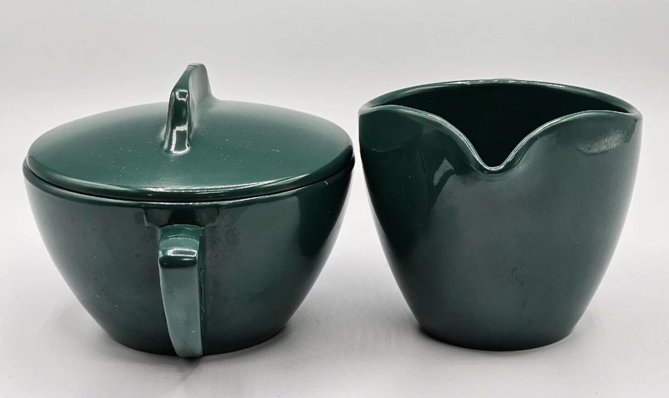 Prolon Ware Melamine Creamer & Sugar Plastic Forest Green Mid Century Vintage - Image 3 of 4