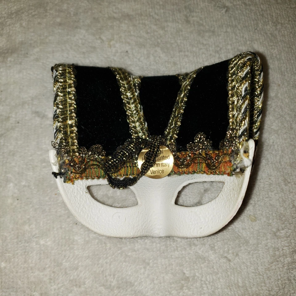 Mini Máscara Veneciana Hecha en Venecia Italia Negro Blanco Oro Mascarada Decoración Foto 4 de 4