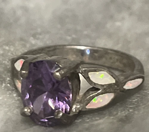 Lab-Created Opal And Amethyst Sterling Silver Vintage Ring Size 5