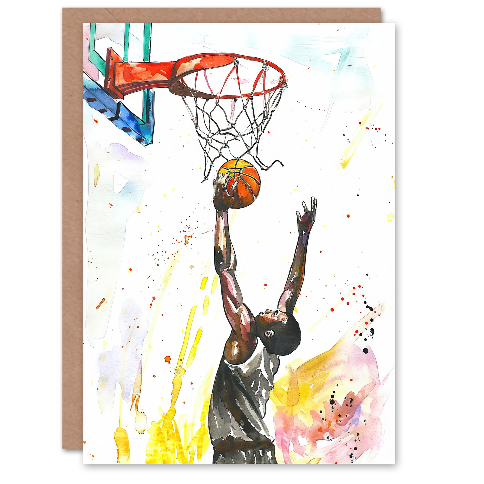 Greeting Card Basketball Player Jump Hoop Sport Watercolour Birthday