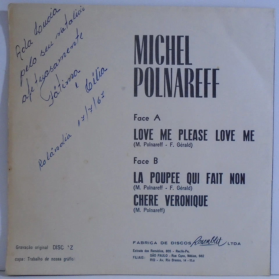 MICHEL POLNAREFF LOVE ME PLEASE LOVE ME BRAZIL 1967 7" ROZENBLIT MOCAMBO 3.128 - Image 2 of 4