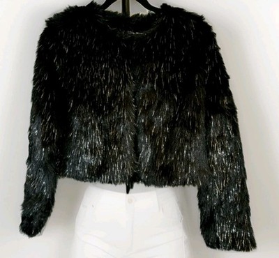 Faux Fox Fur Jacket By Love Poem, Silver Fringe Intertwines,  Medium 