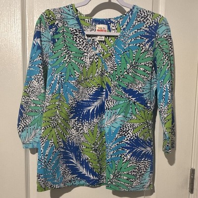 Ruby Rd. Favorites Blue/Green/White Floral V-Neck 3/4 Sleeve Knit Top M