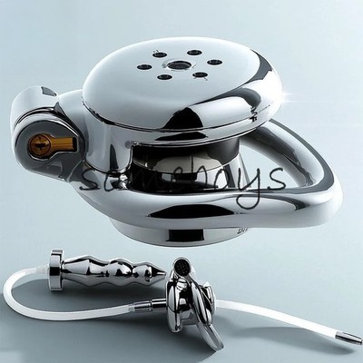 Flat Chastity Cage with Metal Large Plug with Long Tube Lock Men Chastity Device
