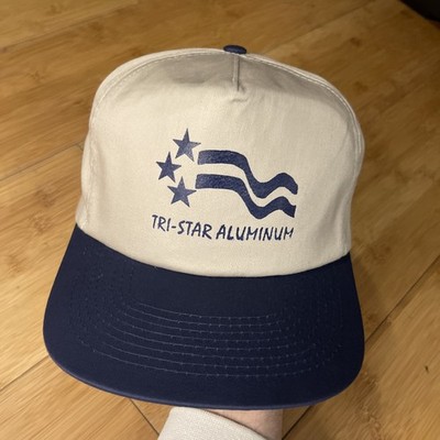 VTG NICE Tri-Star Aluminum Metals Beige Navy Stars Stripe Trucker Snapback Hat