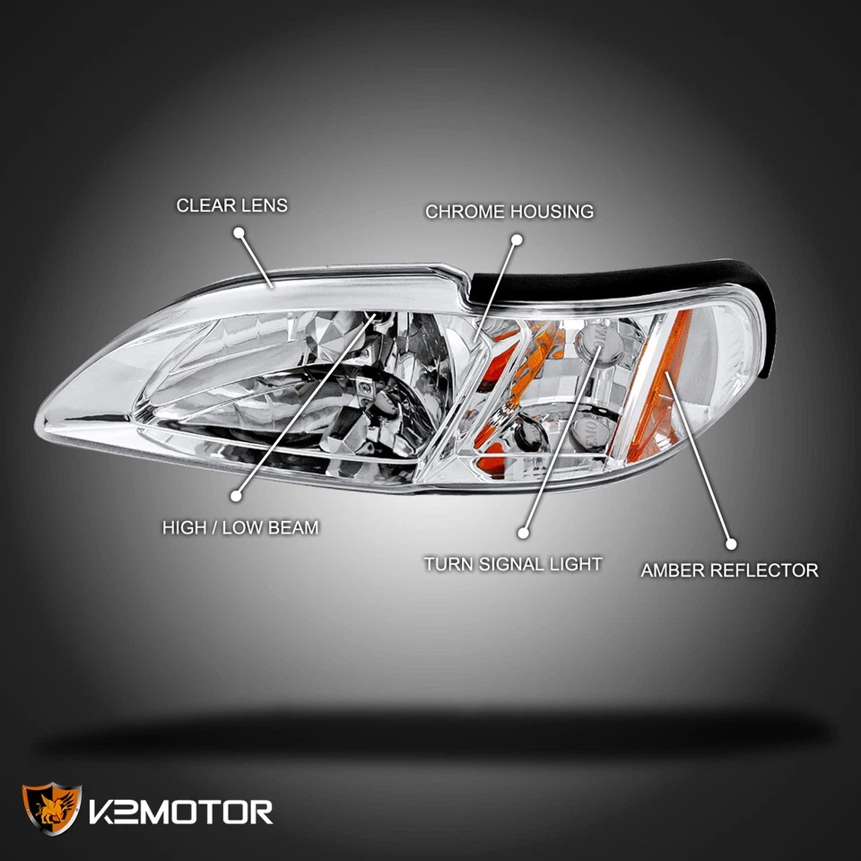 Fits 1994-1998 Ford Mustang 1PC Style Headlights Corner Signal Lamps Left+Right Foto 3 de 4