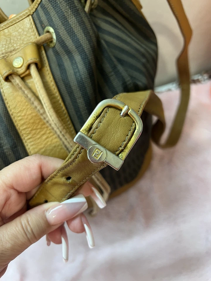 FENDI Vintage 70s Pequin Brown Tan Striped Leather Crossbody Bucket Bag - Image 4 of 4