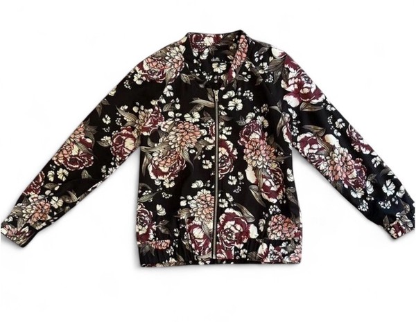 Dotti Floral Zip-Up Bomber Jacket Black Pink - Size 8