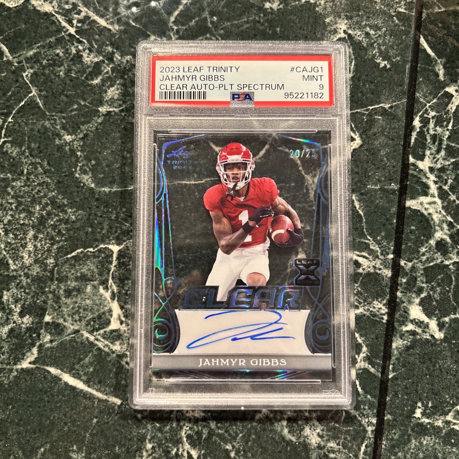 Jahmyr Gibbs Leaf Trinity Clear Autographs #CAJG1 Platinum Spectrum