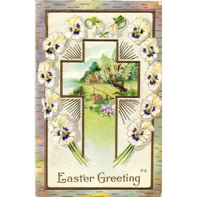 Antique Embossed Easter Greeting Postcard Cross Pansies Germany