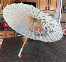 Vtg Satin Parasol Bamboo Handle Green w/Painted Bird Florals Butterflies Asian