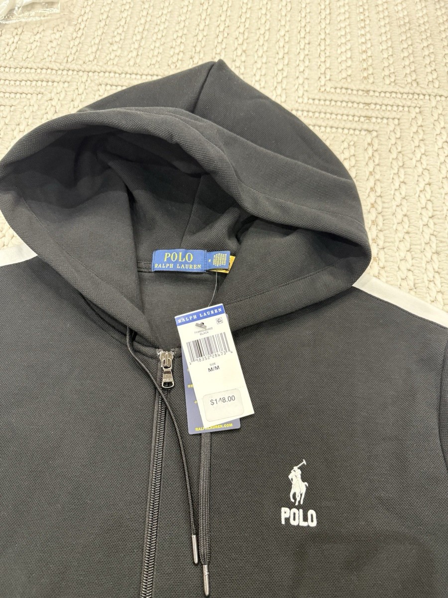 Polo Ralph Lauren Double Knit Full Zip Hoodie Black White Stripe