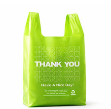 100 Pack “Thank You” T-Shirt Bags – Green Plastic Shopping Bags with Handles, fo