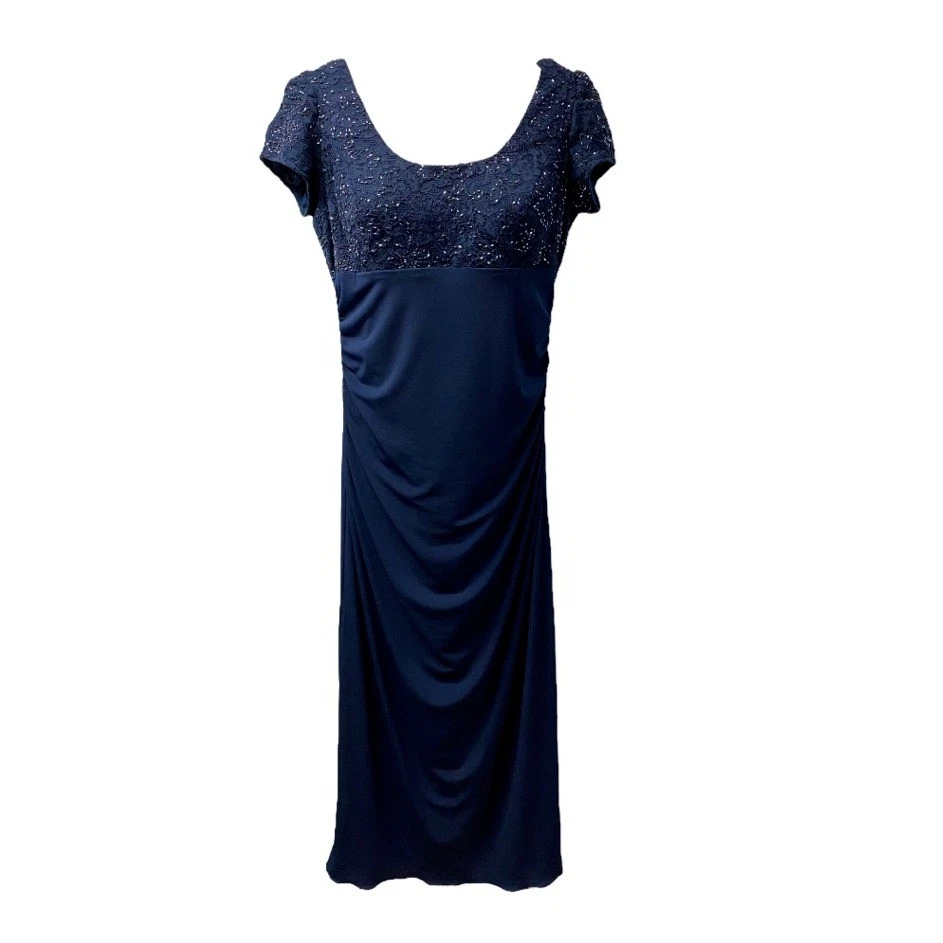 JS Boutique Size 12 Evening Gown Navy Blue Beaded Lace Bodice Ruching Scoop Back - Image 2 of 4
