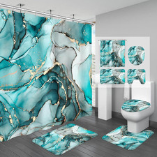 4PCS Teal Blue Marble Shower Curtain Sets with Rugs, Gold Abstract Bathroom Sets