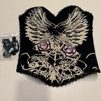 NWOT Kimikal Couture Tattoo Corset Top Women s M Roses Floral Wings Grunge Goth