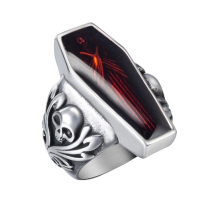 Skull Rings for Men Stainless Steel Gothic Vampire Bloody Red Enamel Coffin B...
