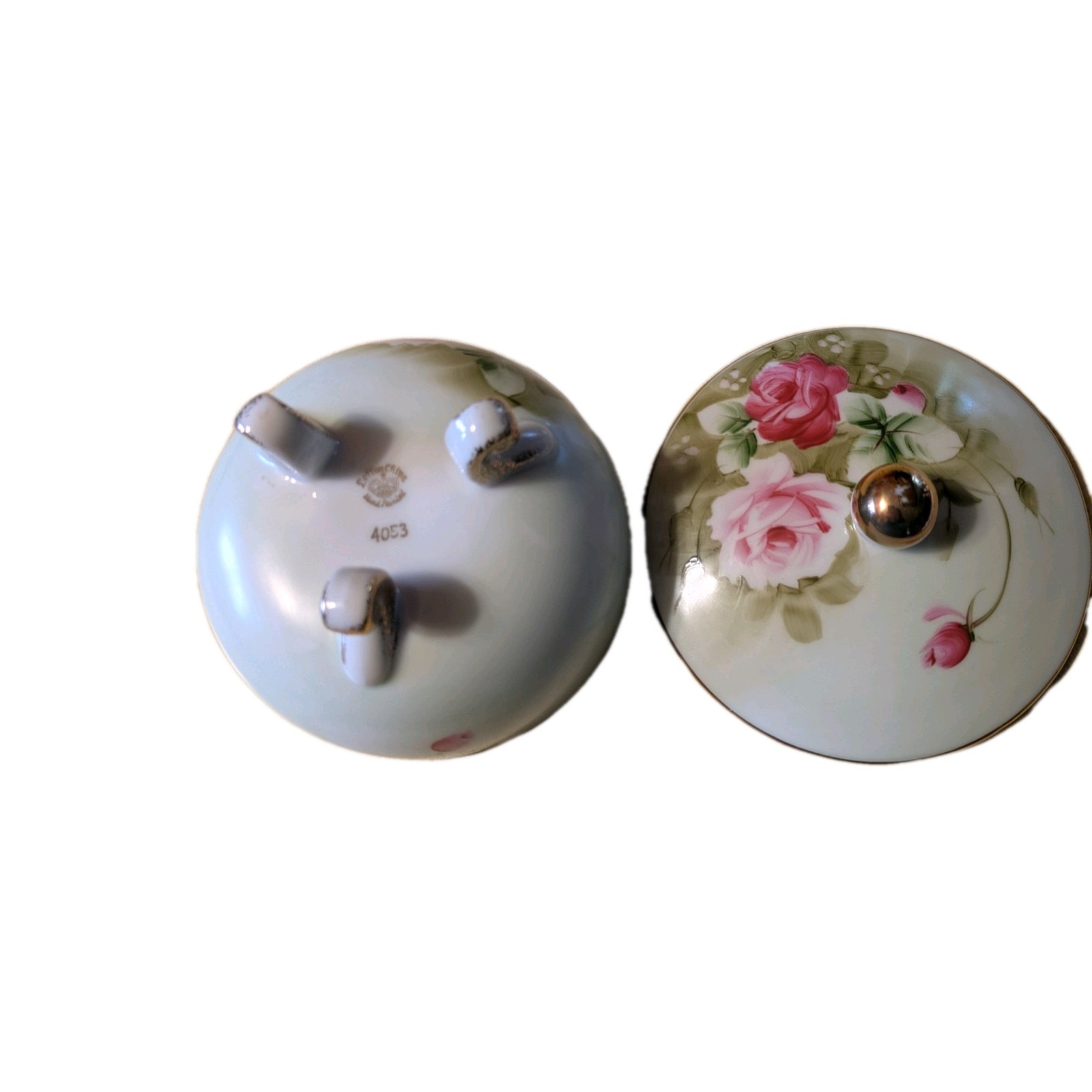 Lefton China Hand-Painted Vintage Green/ Pink Floral Covered 3 Legged Bowl