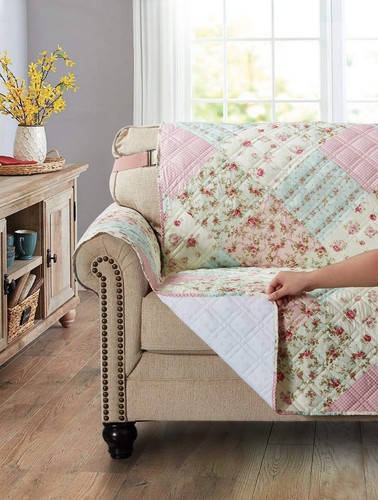 Brilliant Sunshine Roses Couch Slip Cover, Patchwork Design, Quilted Slipcove... - Picture 3 of 7