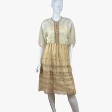 VTG Embroidered Chiffon Dress Romantic Feminine Boho Prairie Babydoll 70s 80s