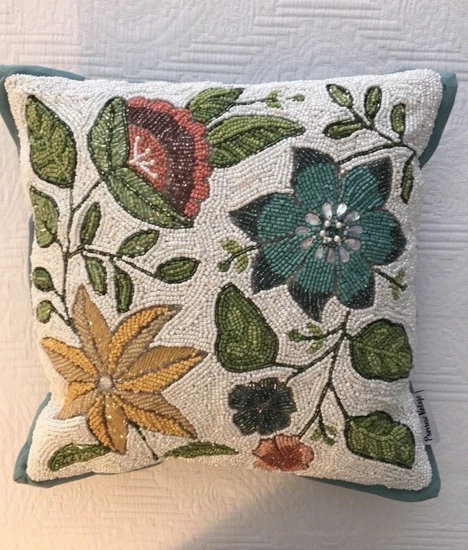 Primrose Vintage Beaded Floral Throw Pillow White Turquoise Green Yellow Pink