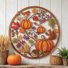Autumn Pumpkin Metal Wall Art, Woodland Animal Fall Porch Decor