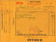 1923 Ford Repair Order Invoice from Chas. G. Hanna Co. Syracuse NY