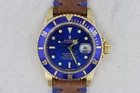 Rolex Submariner 16808 Blue Dial & Bezel 18K Gold Leather Strap Circa 1984