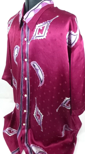 Batik Indonesian-Mens Short Sleeve Button Down Shirt-100% Silk-XL 17.5-Purple - Picture 7 of 9