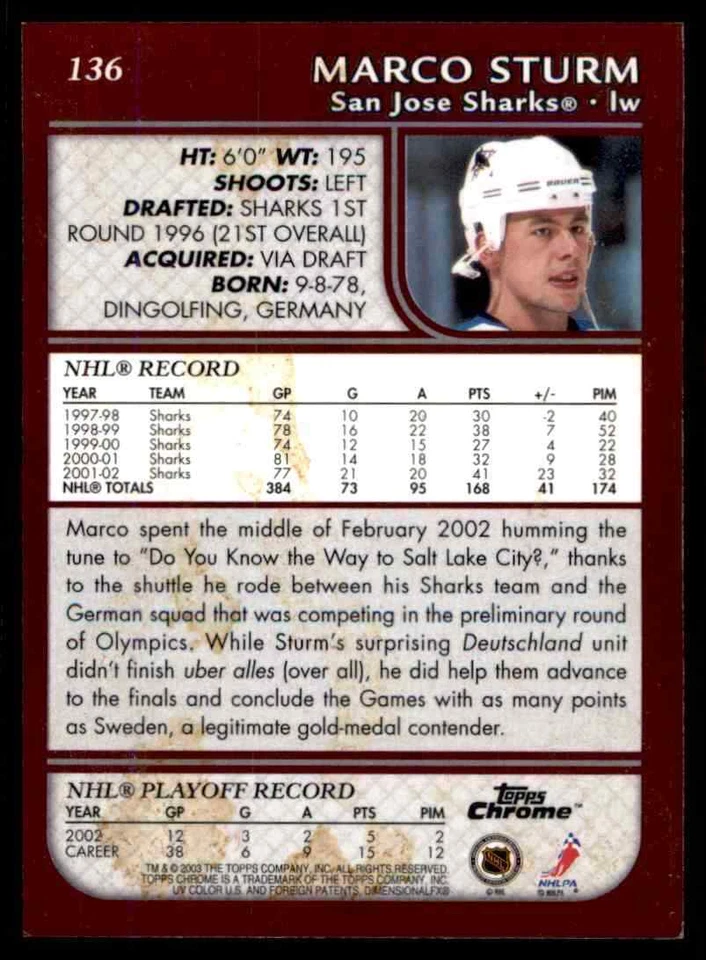 2002-03 Topps Chrome Marco Sturm #136 - Image 2 of 2