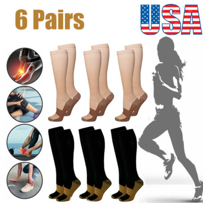6 Pairs Copper Compression Socks 20-30mmHg Graduated Support Pain Relief Unisex