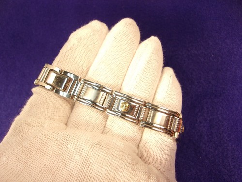 FANTASTIC 8" STAINLESS STEEL & 18K YELLOW GOLD ("BUTTONS") PANEL LINK BRACELET - Picture 6 of 12
