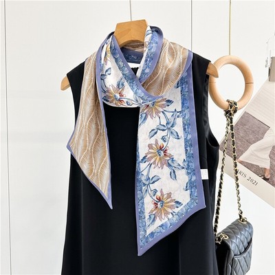 100% Mulberry Silk Shawl Flowers Print Double Layer Neck Oblong Scarf 59×6''Blue
