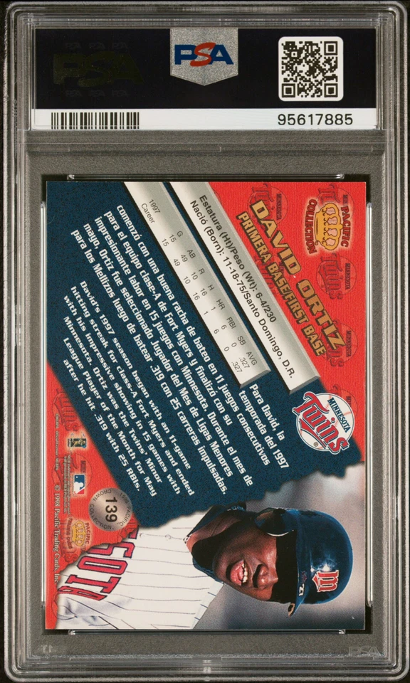 1998 PACIFIC CROWN PLATINUM BLUE ROOKIE #139 DAVID ORTIZ SP /67 PSA 10 GEM POP 1 - Image 2 of 2