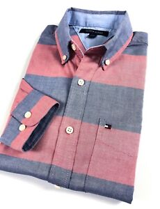 TOMMY HILFIGER Shirt Men/'s Short Sleeve Chambray Red// Blue Stripe Custom Fit