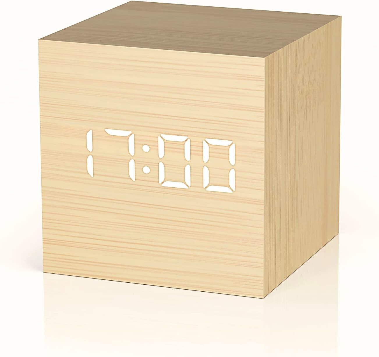 Wooden Alarm Clock, Mini Cube LED Digital Clock with Time/Date/Temperature Displ