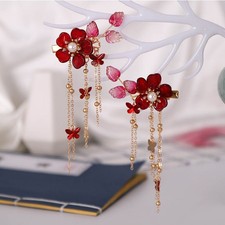 1pair Chinese Hanfu Hair Accessories Red Flower Hairpins Vintage Dress Headwear